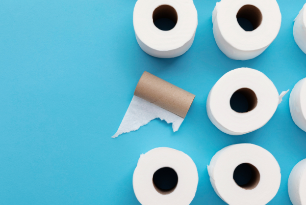 Toilet paper rolls lined up on a blue background