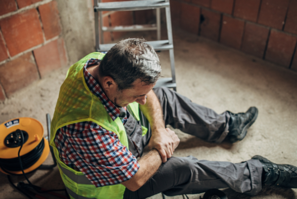 Man sitting on the floor of a construction area holding his wrist in pain