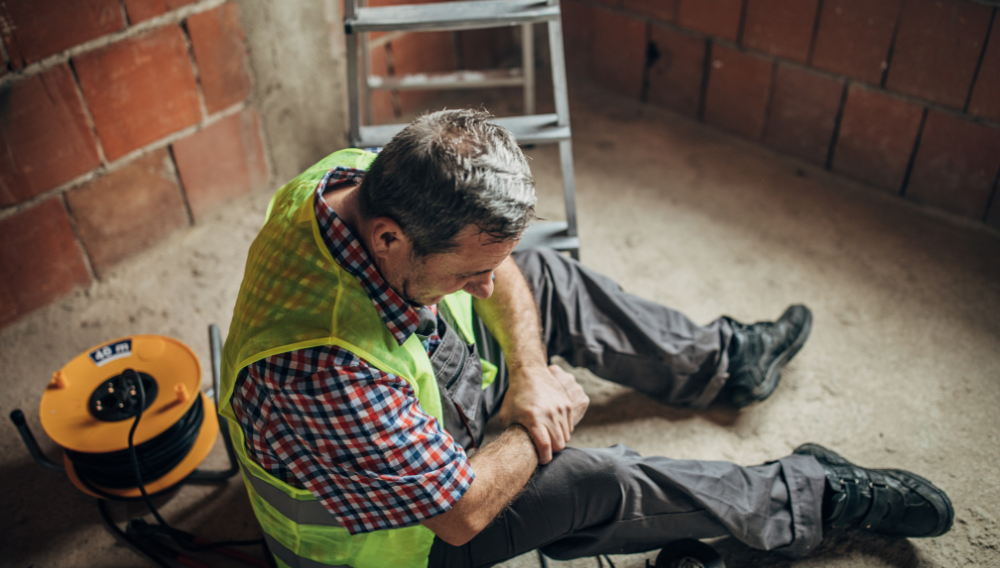 Man sitting on the floor of a construction area holding his wrist in pain